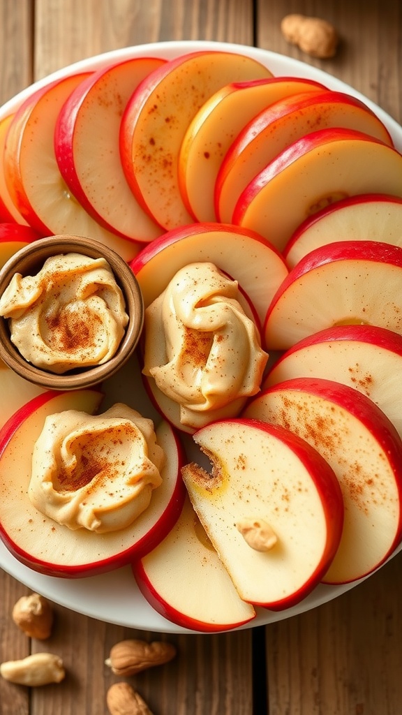 Fresh apple slices with creamy nut butter on a plate, garnished with cinnamon and nuts.